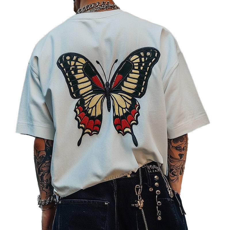 Men's Butterfly Embroidered Round Neck Short Sleeve T-Shirt 