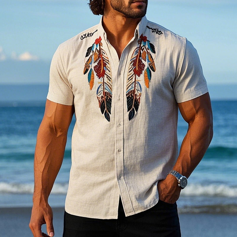 Men's Vintage Feather Embroidered Short Sleeve Shirt 