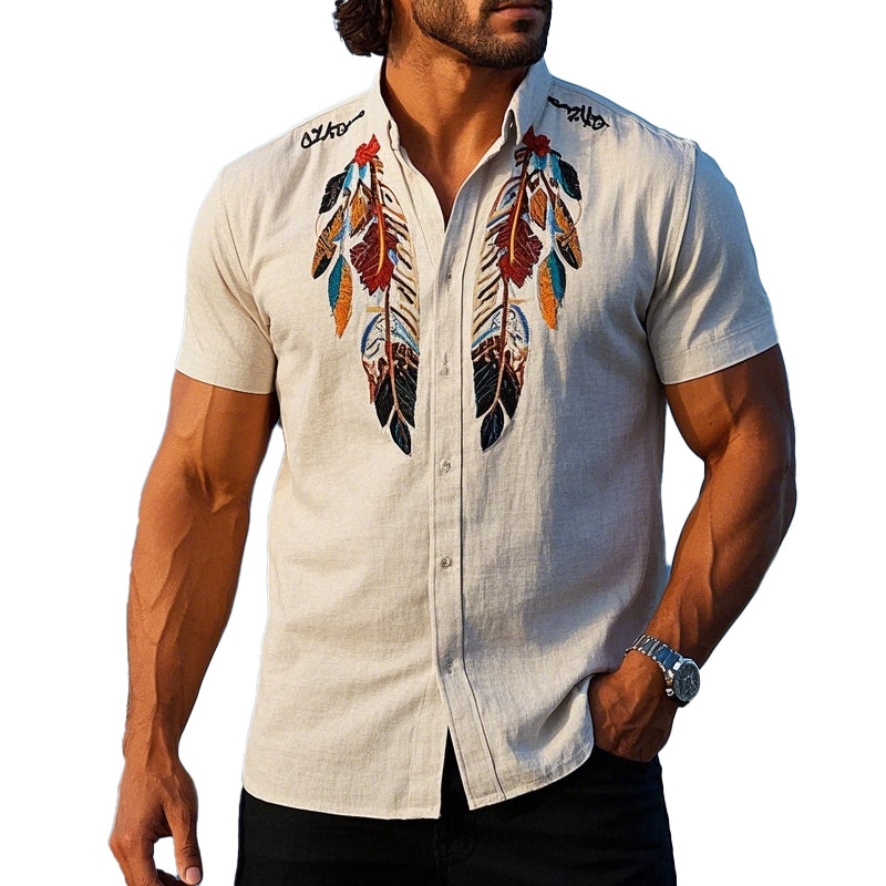 Men's Vintage Feather Embroidered Short Sleeve Shirt 