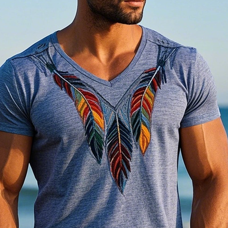 Men's Blend Vintage Feather Embroidered Short Sleeve T-Shirt 
