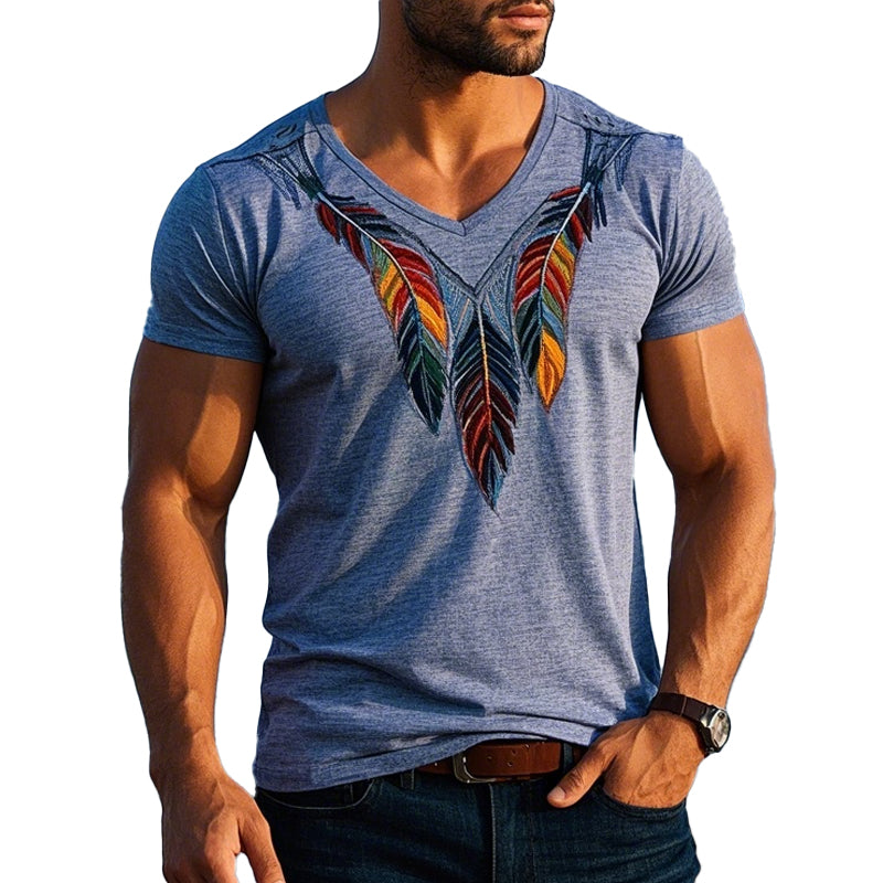 Men's Blend Vintage Feather Embroidered Short Sleeve T-Shirt 