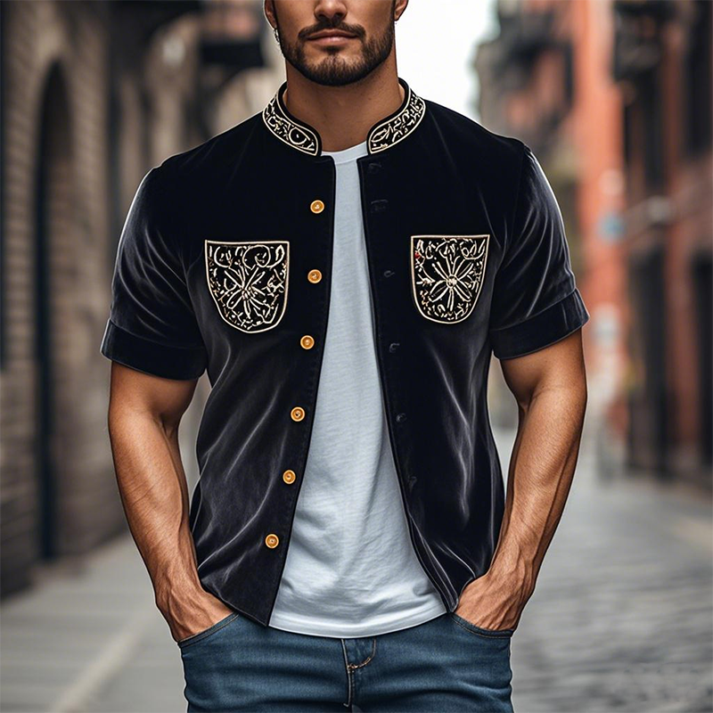Men's Spring Fashion Retro Embroidered Velvet Stand Collar Short Sleeve Shirt