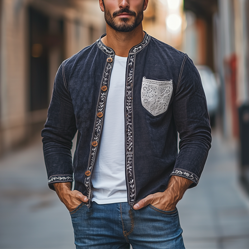 Men's Spring Fashion Retro Lace Splicing Cotton and Linen Long Sleeve Shirt