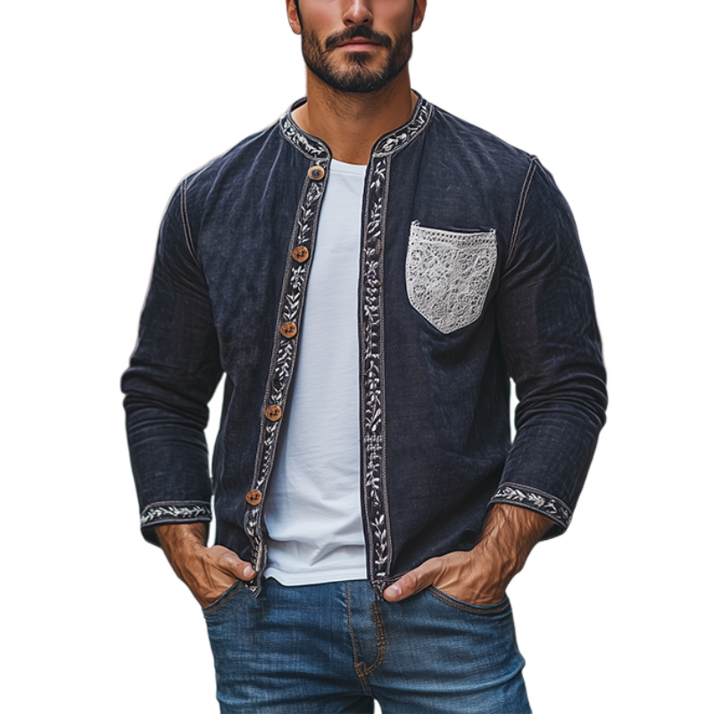 Men's Spring Fashion Retro Lace Splicing Cotton and Linen Long Sleeve Shirt