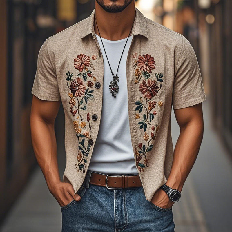 Men's Casual Linen Embroidered Lapel Single Breasted Short Sleeve Shirt