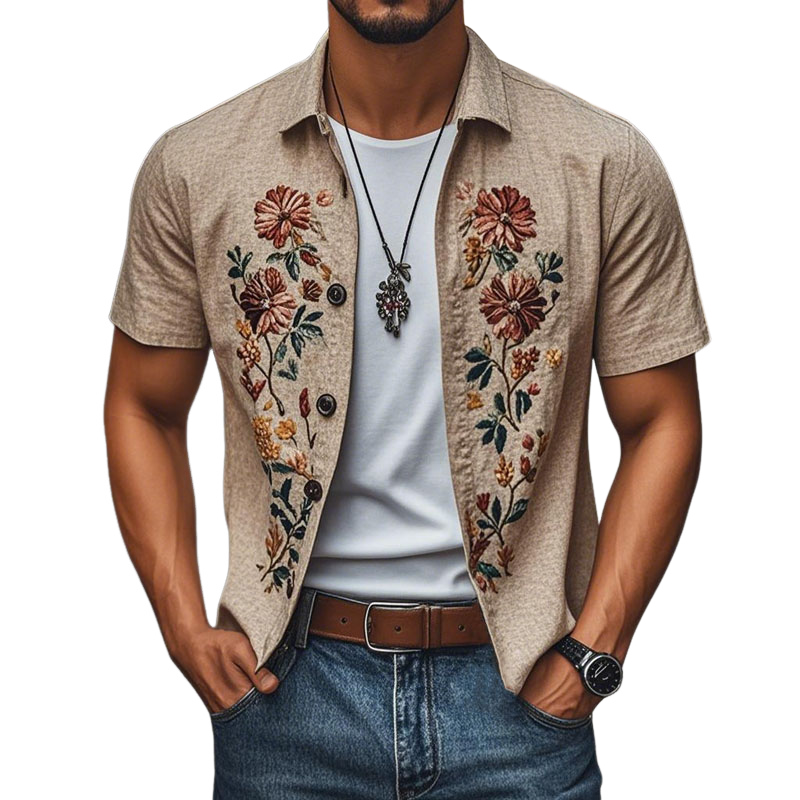 Men's Casual Linen Embroidered Lapel Single Breasted Short Sleeve Shirt