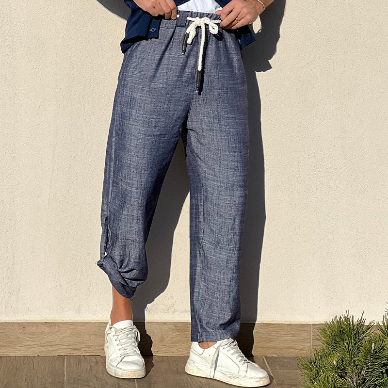 Men's Casual Cotton and Linen Elastic Waist Casual Pants 