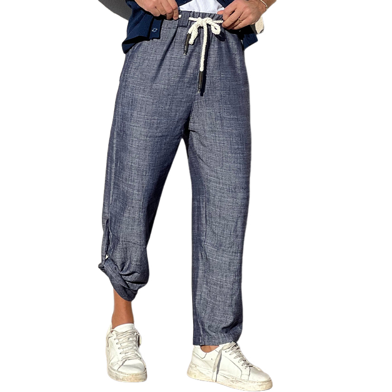 Men's Casual Cotton and Linen Elastic Waist Casual Pants 