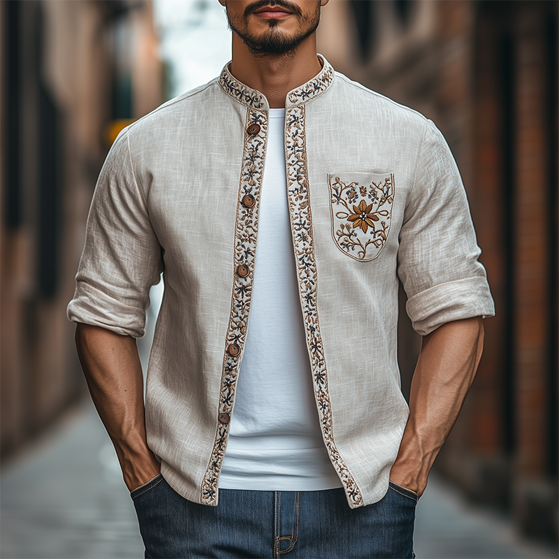 Men's Spring Fashion Retro Stand Collar Embroidered Long Sleeve Shirt 