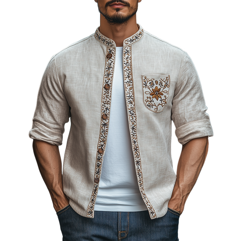 Men's Spring Fashion Retro Stand Collar Embroidered Long Sleeve Shirt 