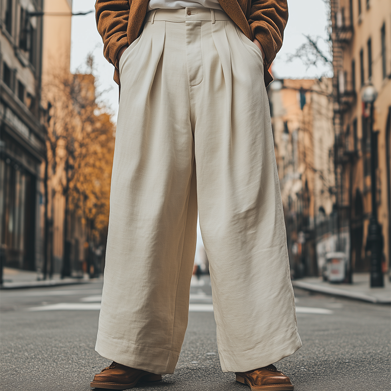 Men's Spring Fashion Casual Loose Cotton and Linen Wide Leg Pants 
