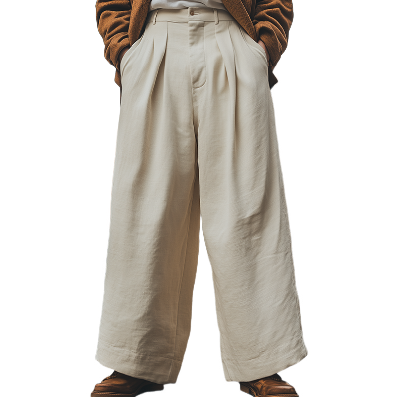 Men's Spring Fashion Casual Loose Cotton and Linen Wide Leg Pants 