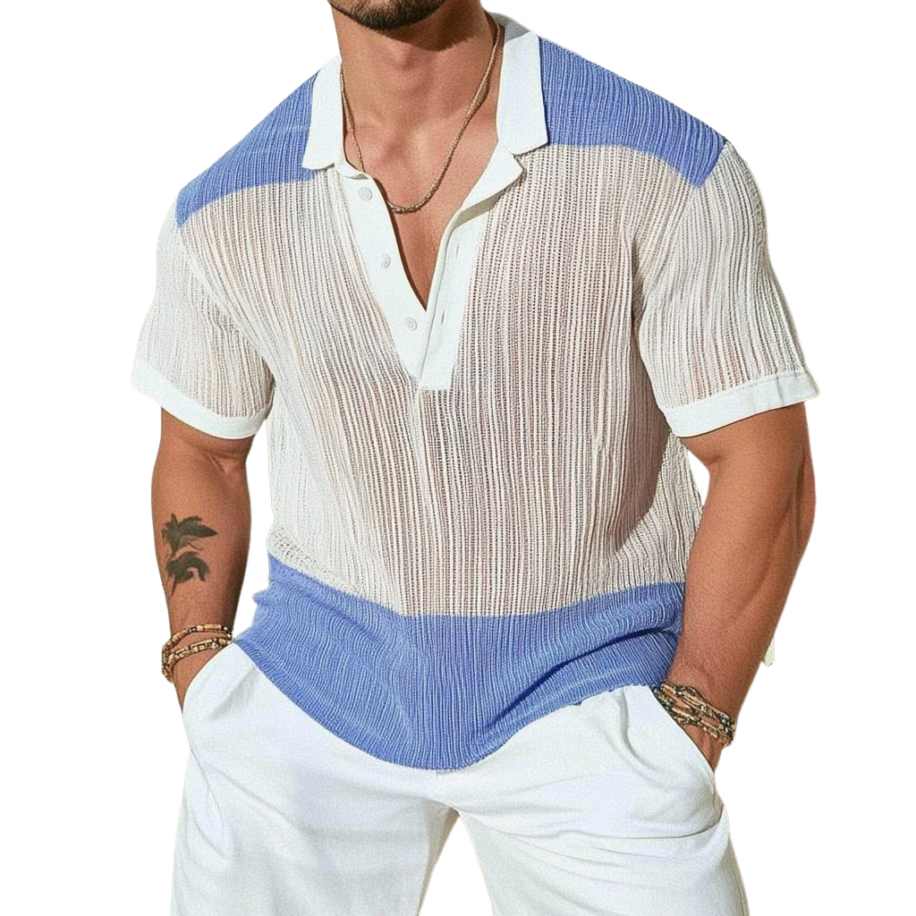Men's Casual Contrast Lapel Loose Single Knit Short Sleeve Polo Shirt 