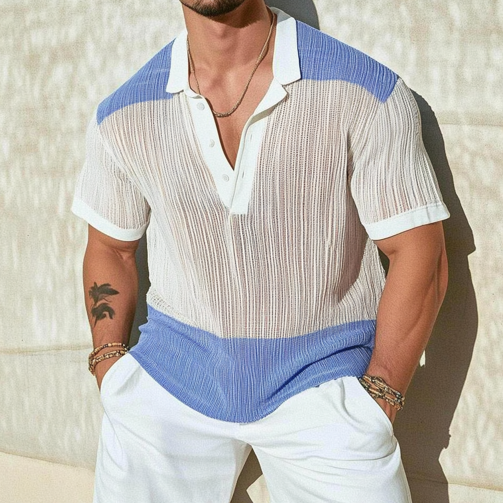 Men's Casual Contrast Lapel Loose Single Knit Short Sleeve Polo Shirt 