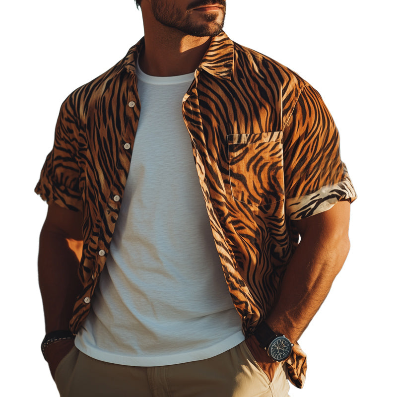 Men's Summer Retro Tiger Print Casual Short Sleeve Shirt 