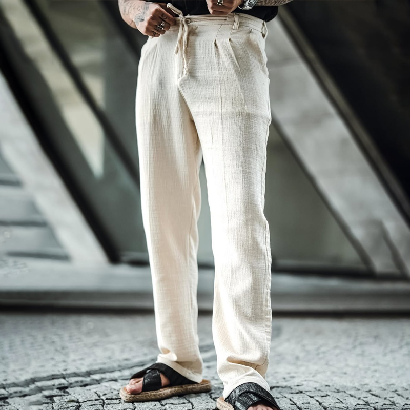 Men's Solid Cotton And Linen Mid Waist Straight Casual Pants 