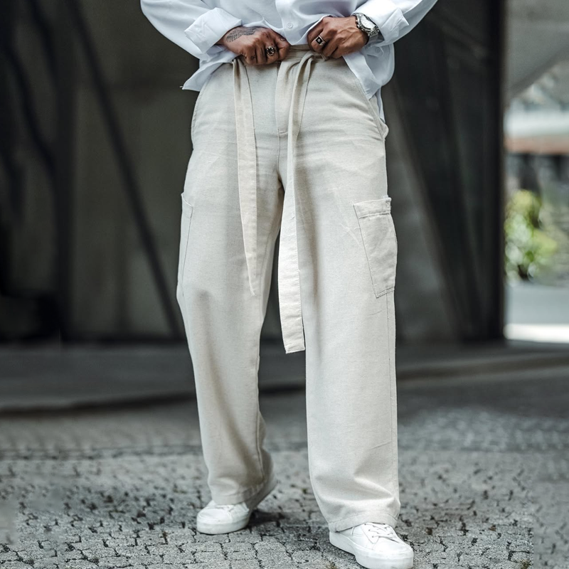 Men's Solid Cotton And Linen Mid Waist Straight Casual Pants 