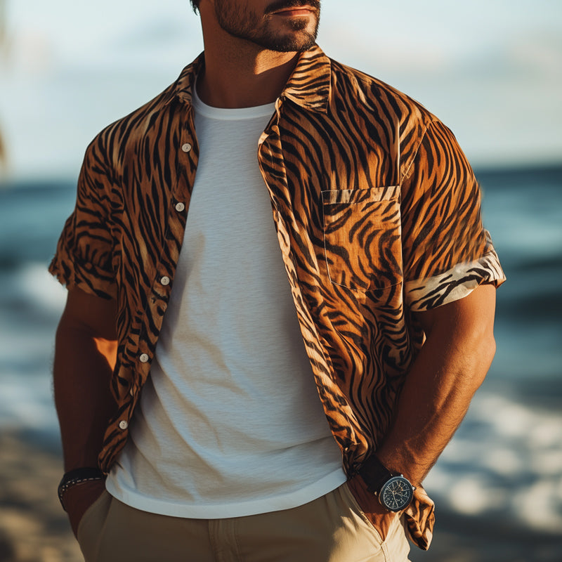 Men's Summer Retro Tiger Print Casual Short Sleeve Shirt 