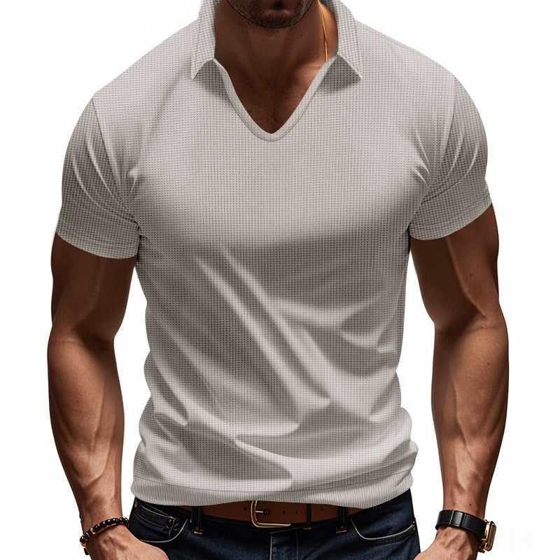 Men's Solid Color Waffle Lapel Short Sleeve POLO Shirt