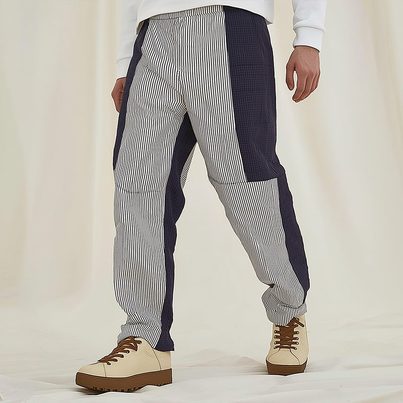 Men's Retro Casual Stitching Checkered Striped Trousers 