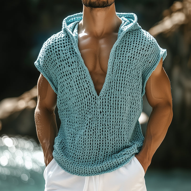 Men's Retro Casual Knit Hooded Tank Top ASW0285D0TO
