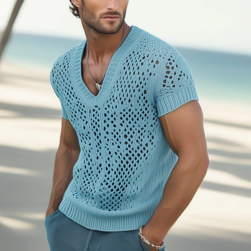 Men's Summer Fashion V-neck Knitted Mesh Breathable T-shirt ASW0240D7U