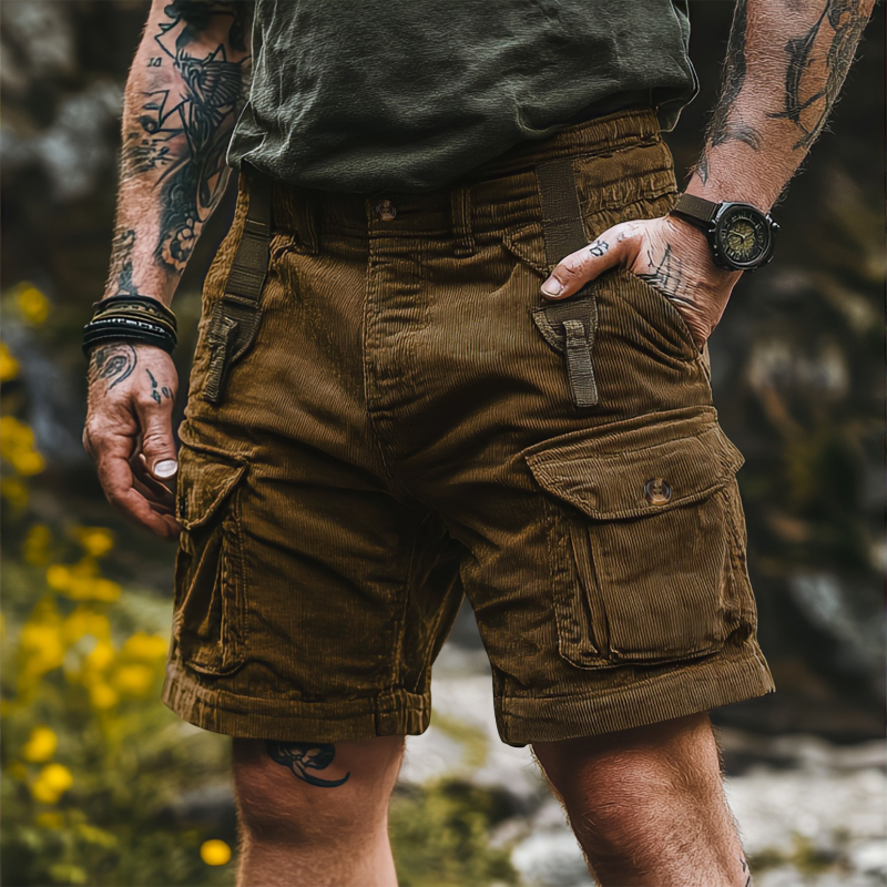 Men’s Casual Outdoor Corduroy Multi-Pocket Cargo Shorts 