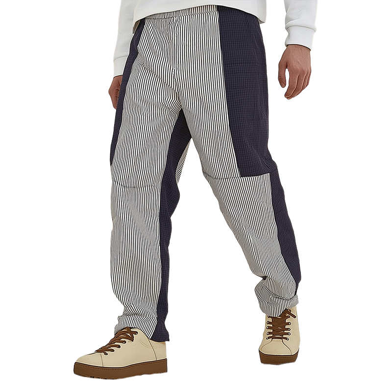 Men's Retro Casual Stitching Checkered Striped Trousers 