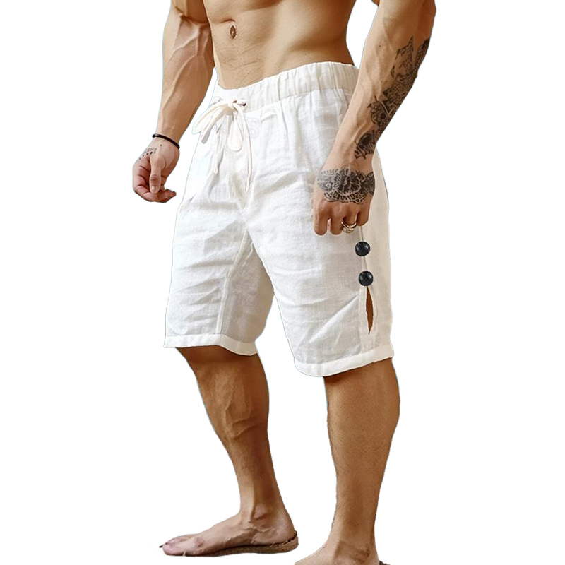 Men's Cotton and Linen Solid Color Button Shorts 