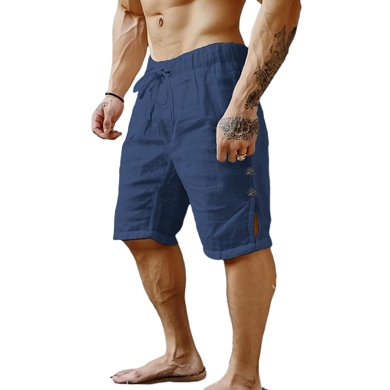 Men's Cotton and Linen Solid Color Button Shorts 