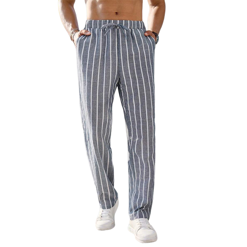 Men's Casual Cotton and Linen Striped Elastic Beach Pants 