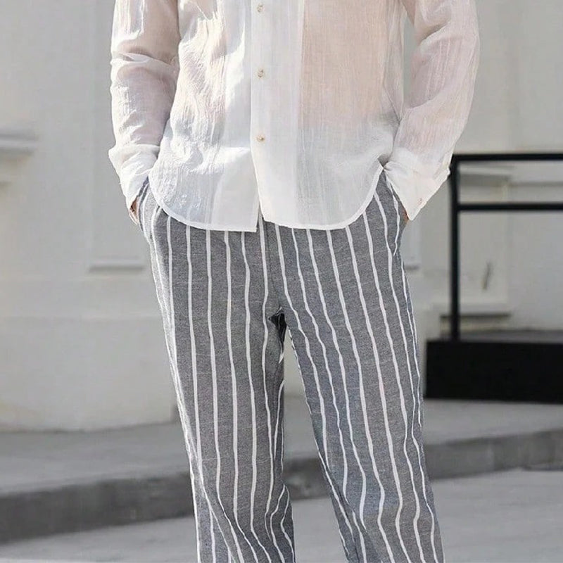 Men's Casual Cotton and Linen Striped Elastic Beach Pants 