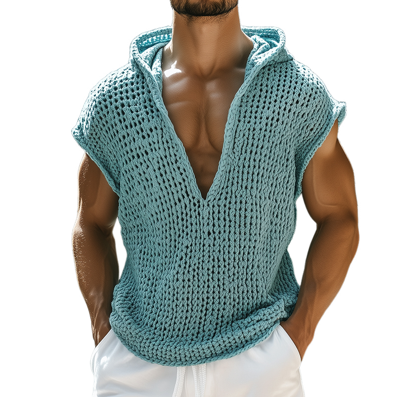 Men's Retro Casual Knit Hooded Tank Top ASW0285D0TO