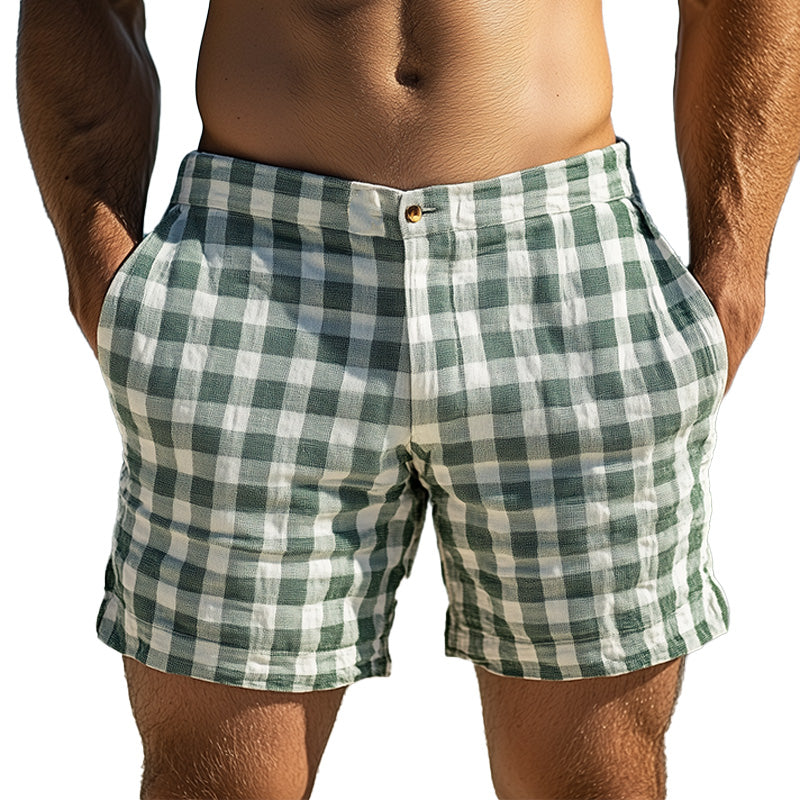 Men's Spring Fashion Plaid Linen Casual Sports Shorts 