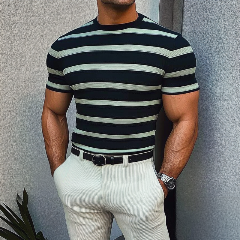 Men's Casual Contrast Color Striped Round Neck Slim Fit Knitted Short Sleeve Sweater T-Shirt