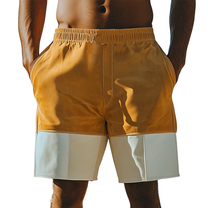 Men's Spring and Summer Fashion Casual Contrast Color Stitching Elastic Waist Suede Shorts 