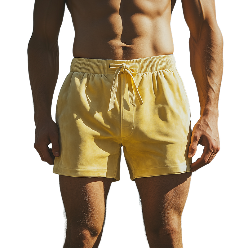 Men's Spring and Summer Fashion Casual Solid Color Elastic Waist Suede Beach Shorts 