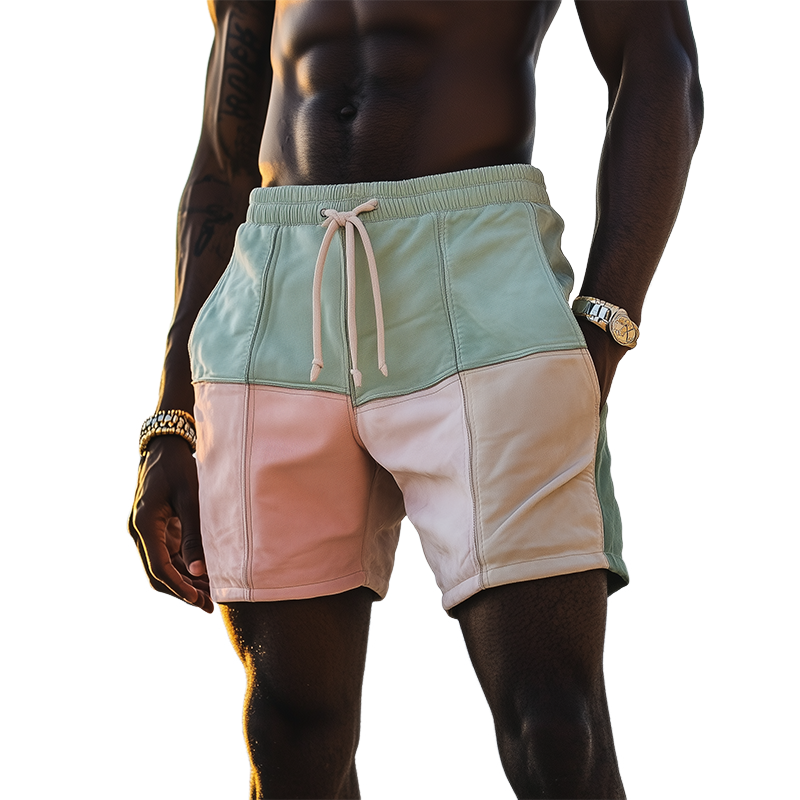 Men's Spring and Summer Fashion Casual Contrast Color Stitching Elastic Waist Suede Beach Shorts 