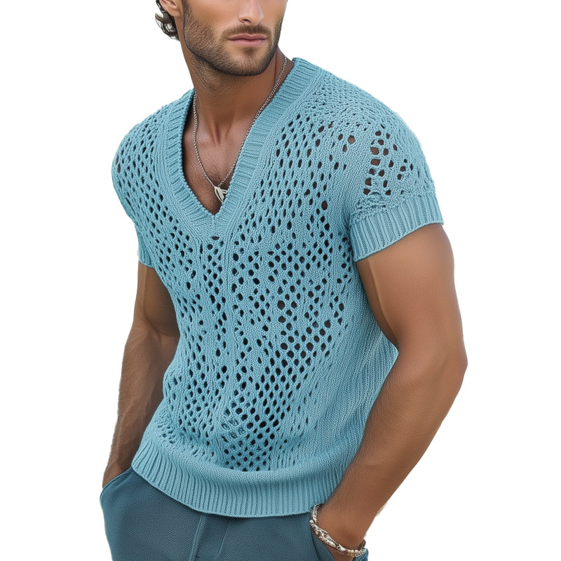 Men's Summer Fashion V-neck Knitted Mesh Breathable T-shirt ASW0240D7U