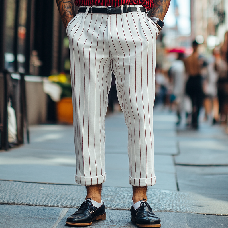 Men's Classic Retro Fashion Striped Cotton and Linen Casual Pants 