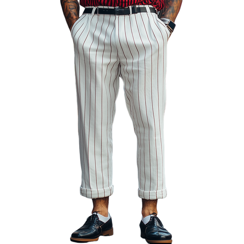 Men's Classic Retro Fashion Striped Cotton and Linen Casual Pants 