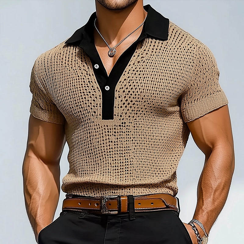 Men's Retro Hollow Knitted Patchwork Short-Sleeved Polo Shirt MTA0720D1TO