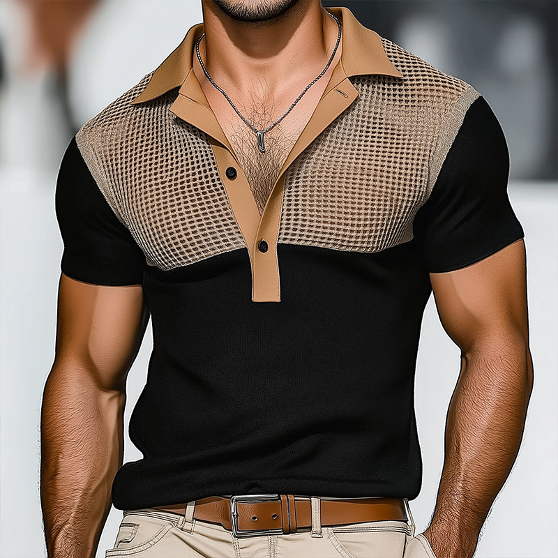 Men's Retro Hollow Knitted Patchwork Short-Sleeved Polo Shirt ASW0764D5TO