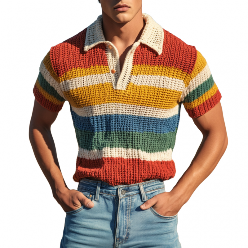 Men's Casual Rainbow Striped Lapel Knitted Short Sleeve Polo Shirt ASW0720D3M