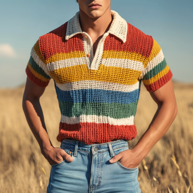 Men's Casual Rainbow Striped Lapel Knitted Short Sleeve Polo Shirt ASW0720D3M