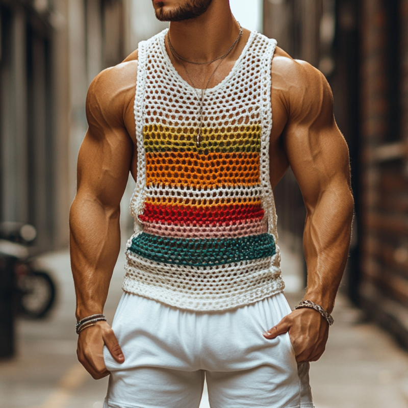 Men's Casual Round Neck Color Striped Crochet Tank Top ASW0774D7M