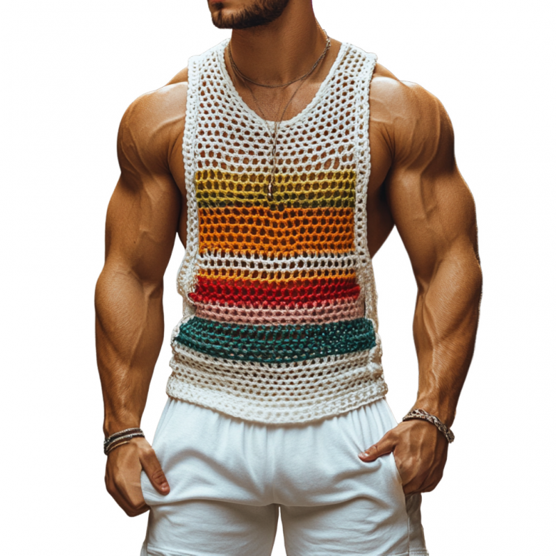 Men's Casual Round Neck Color Striped Crochet Tank Top ASW0774D7M