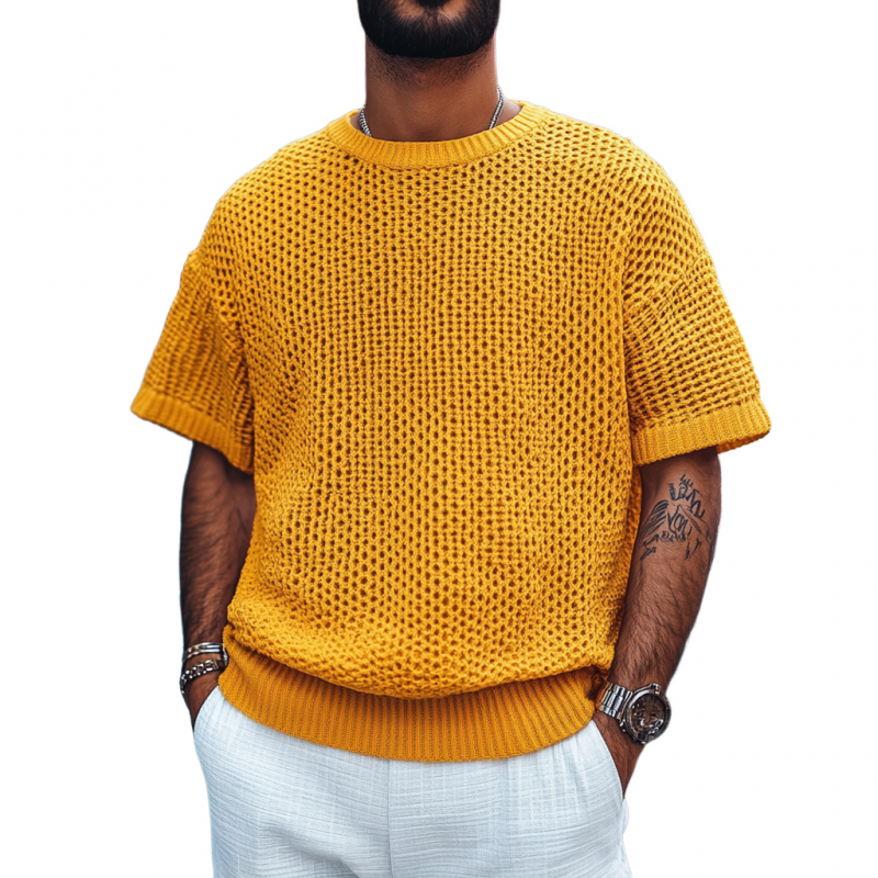 Men's Casual Round Neck Soft Loose Knitted Short Sleeve Sweater T-Shirt