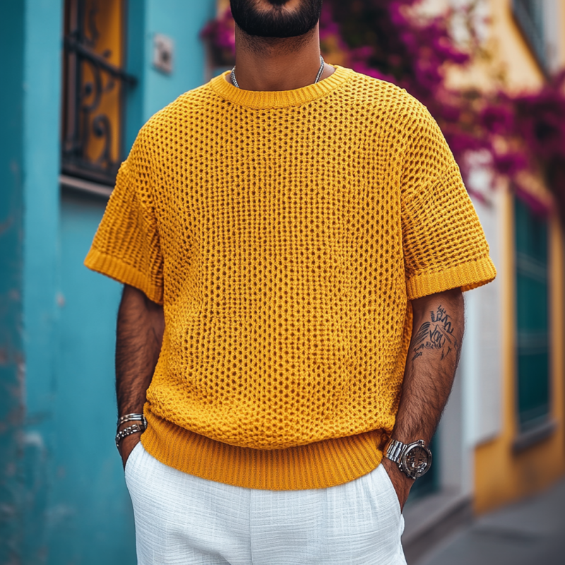 Men's Casual Round Neck Soft Loose Knitted Short Sleeve Sweater T-Shirt