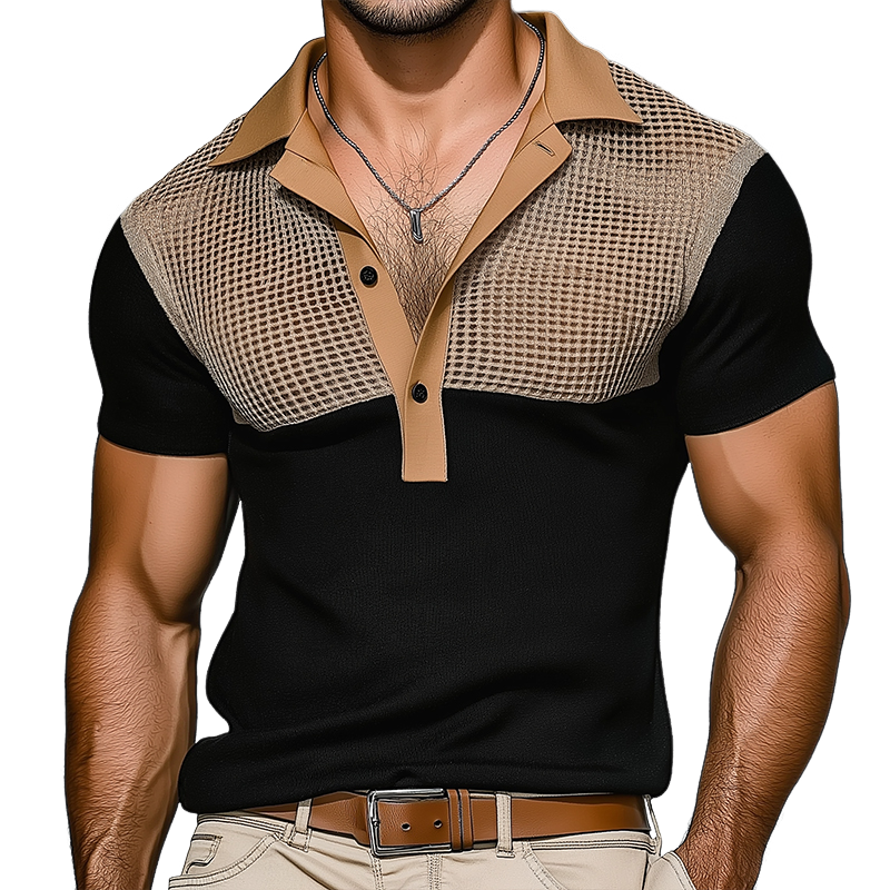 Men's Retro Hollow Knitted Patchwork Short-Sleeved Polo Shirt ASW0764D5TO